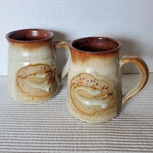 2 Handmade Pottered Mugs Vintage Pottery Brown Beige Signed 16oz